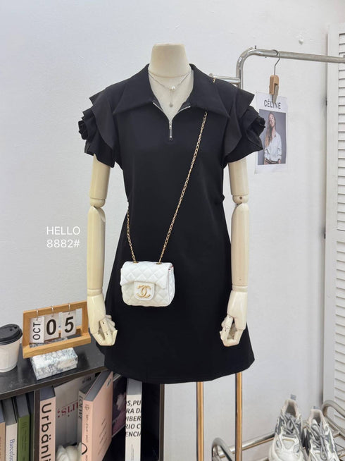 Zipper Collar Down Rose Decor Short Sleeves Mini Dress